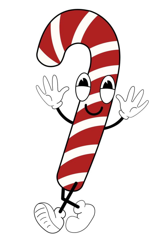 Candy Cane in groovy retro style. Element for Merry Christmas and Happy New year greeting card, poster, party invitation vector