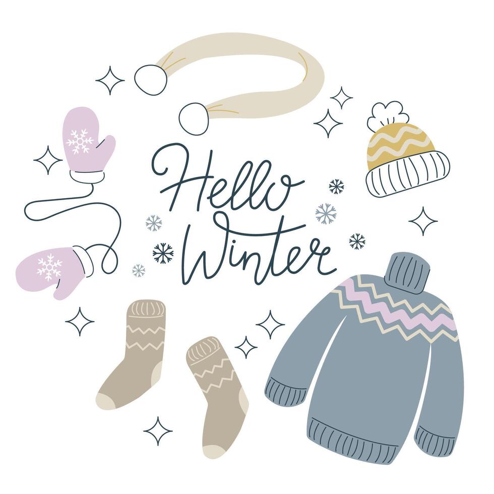 Hello winter poster template. Lettering with warm clothes frame for sale banner, motivational quote, cozy winter, knitting hobby theme card, flyer, web banner, invitation Isolated on white background. vector