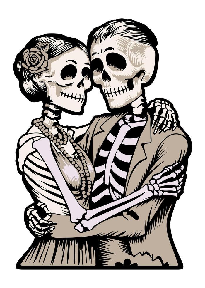 Couple of skeletons hugging. Monochrome sticker vector