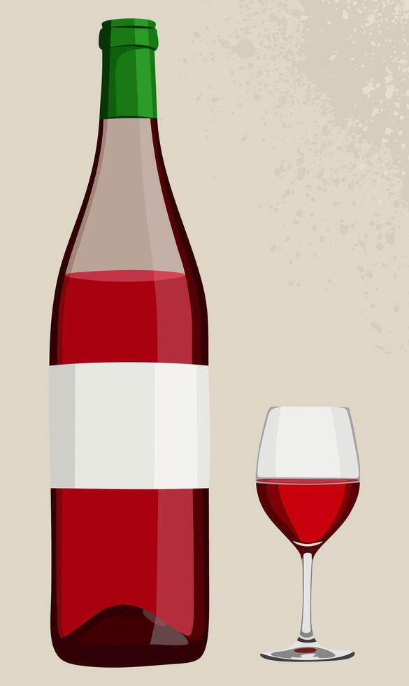 Wine bottle and glass of red wine. illustration isolated on light beige background vector