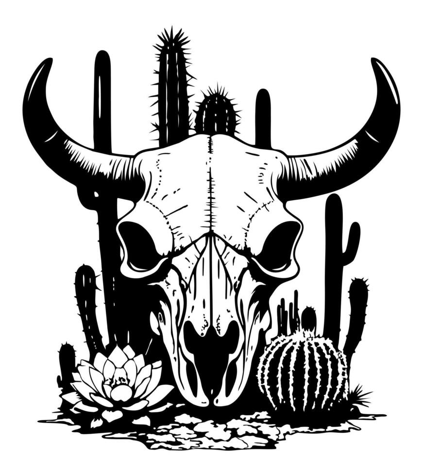 Cow skull in cacti. Black and white isolated illustration vector