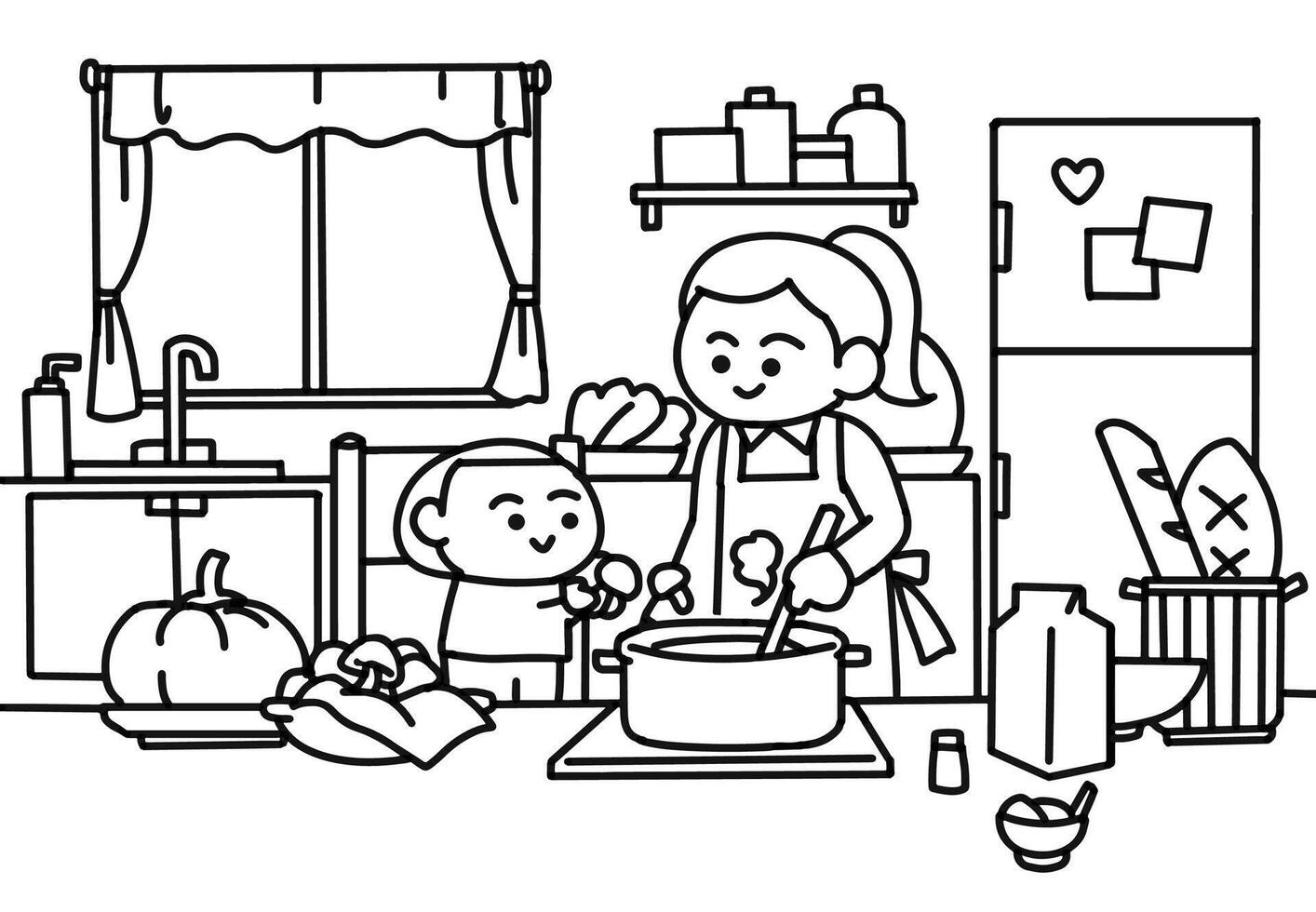 Cooking mushroom soup coloring pages style. vector