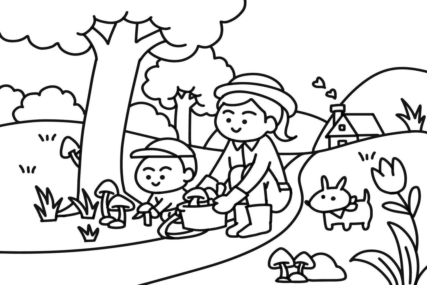 Picking mushroom at the garden coloring pages style. vector