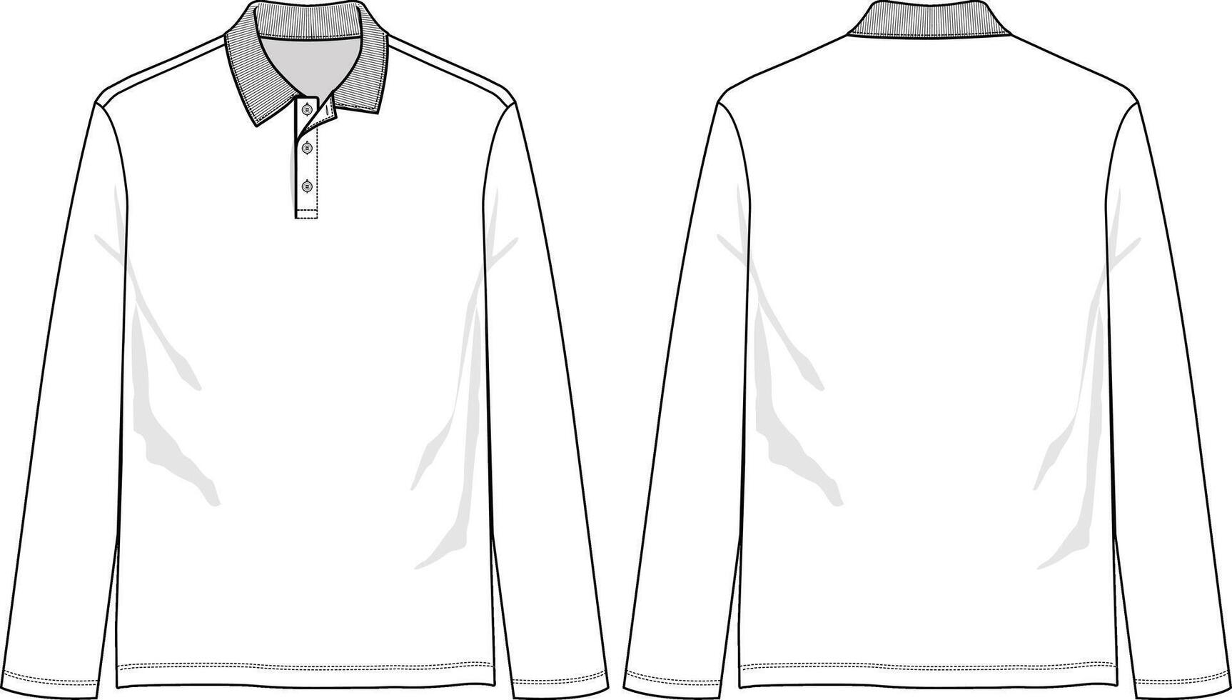 Basic slim fit polo shirt with collar, button placket, long sleeve and straight cut hem, front and back sketch vector