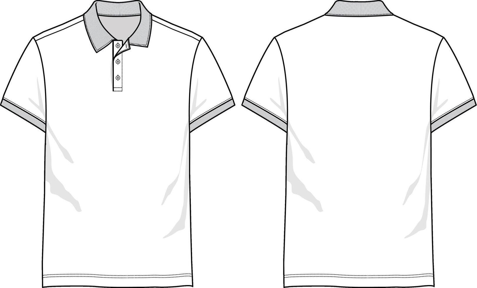 Basic slim fit polo shirt with collar, button placket, short sleeve and straight cut hem, front and back sketch vector