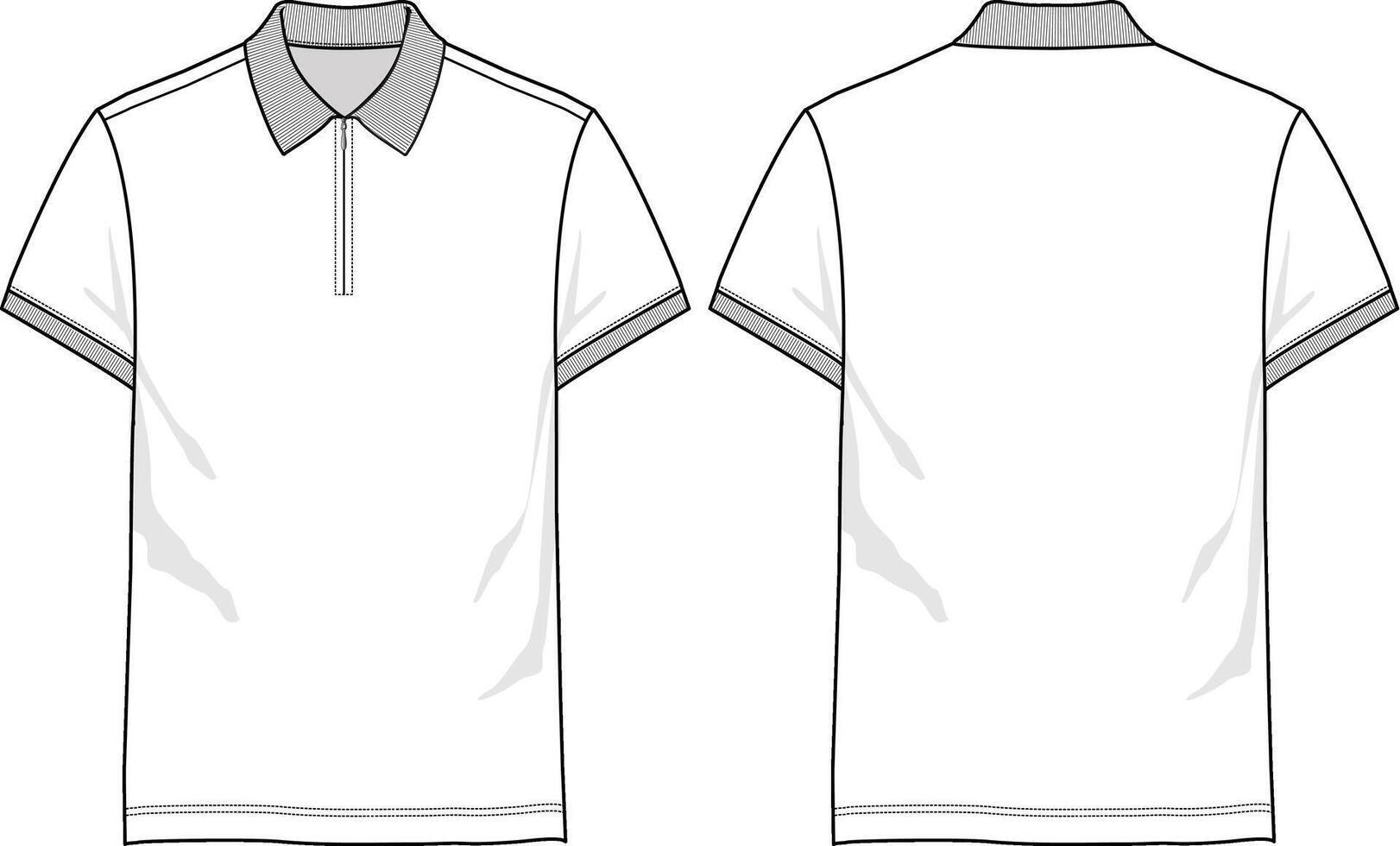 Basic slim fit polo shirt with collar, half zipper at center front, short sleeve and straight cut hem, rib collar and cuff, front and back sketch vector