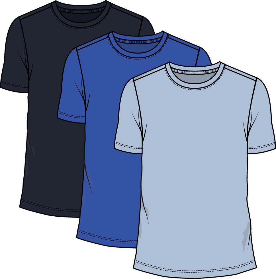 3 Pack men regular fit t-shirts, rounded neck, short sleeves, navy, blue and light blue vector