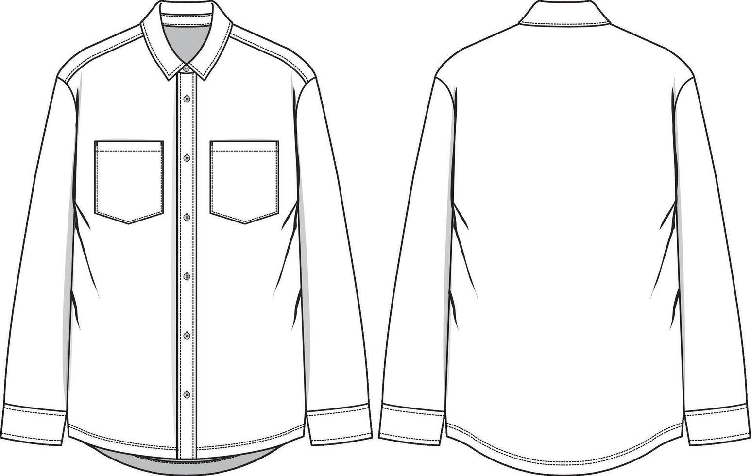 Men basic shirt long sleeve with chest pockets, buttoned placket, collar, sleeve cuffs and rounded hem, front and back view vector