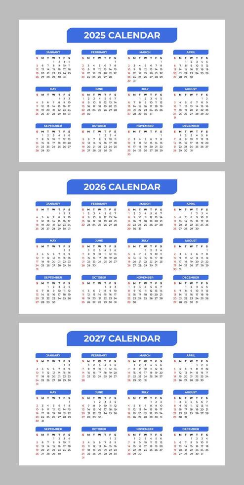 Set of 2025 2026 2027 Basic Calendar in White Background vector