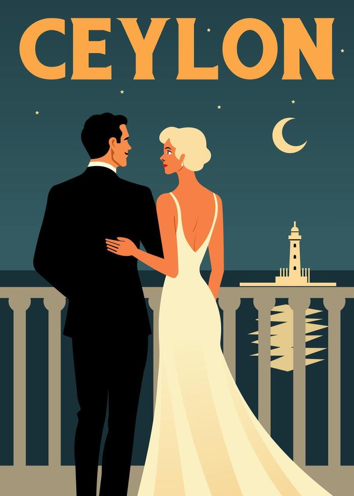 Vintage Ceylon Romance, Elegant Couple Under the Moonlight vector