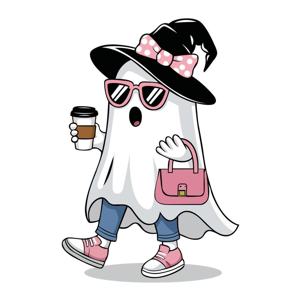 Halloween Ghost with Coffee Mug and Witch Hat vector