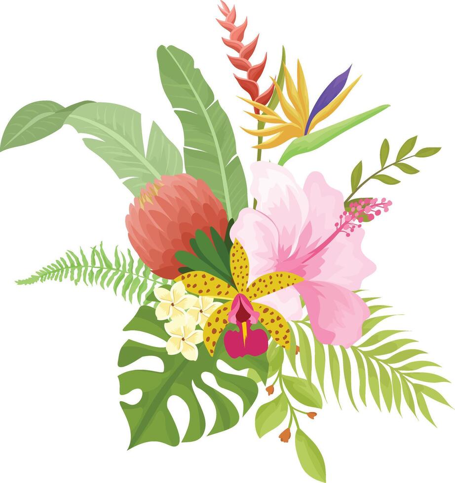 arrangements with tropical flowers,leaves and branches. Frame for wedding invitations, save the date or greeting cards. vector