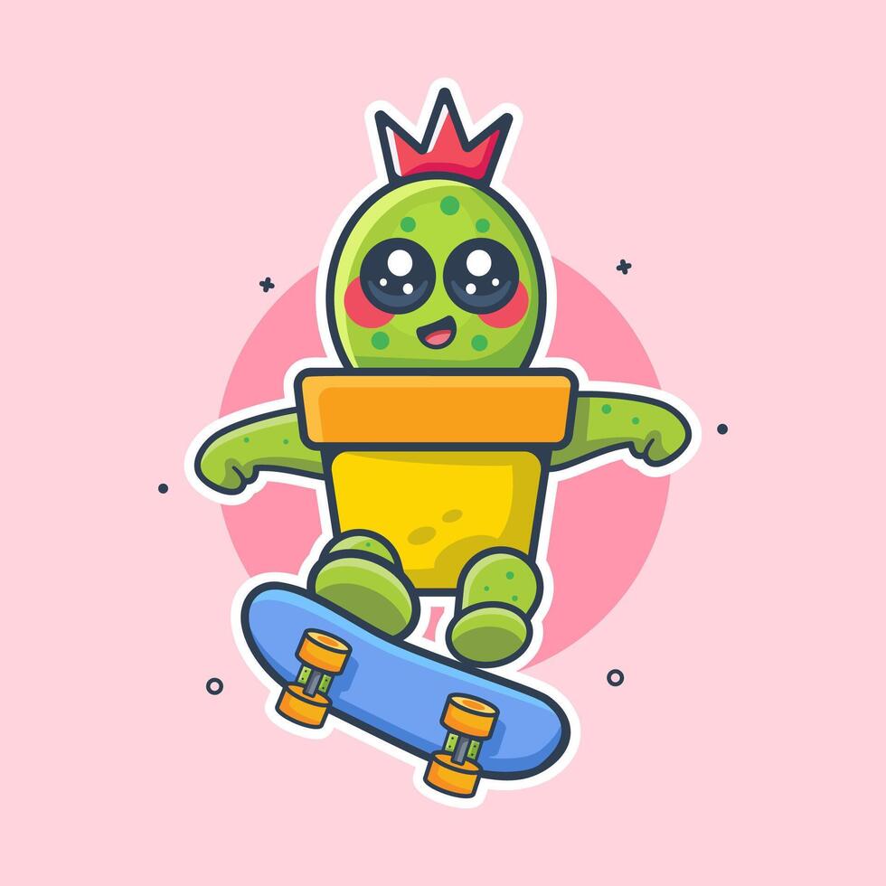 happy cactus on pot character mascot playing skateboard isolated cartoon vector