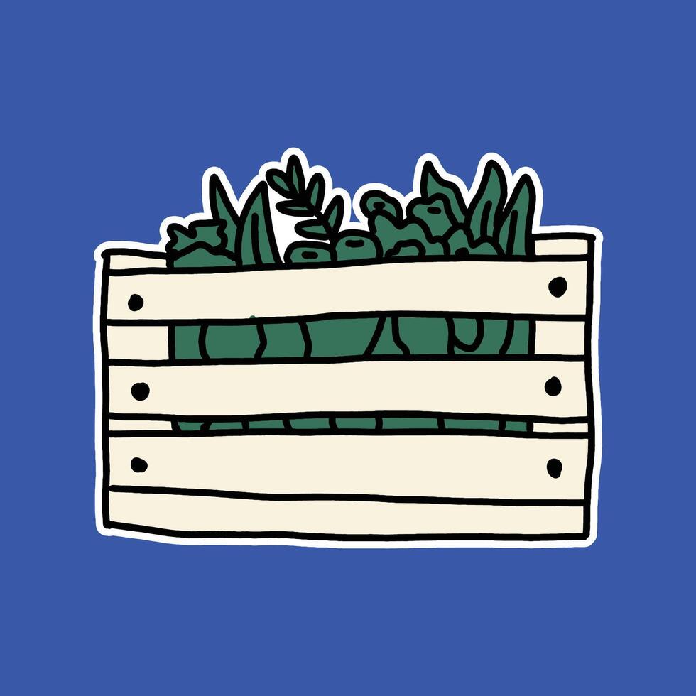hand drawn cute fresh vegetables in a wooden box illustration vector