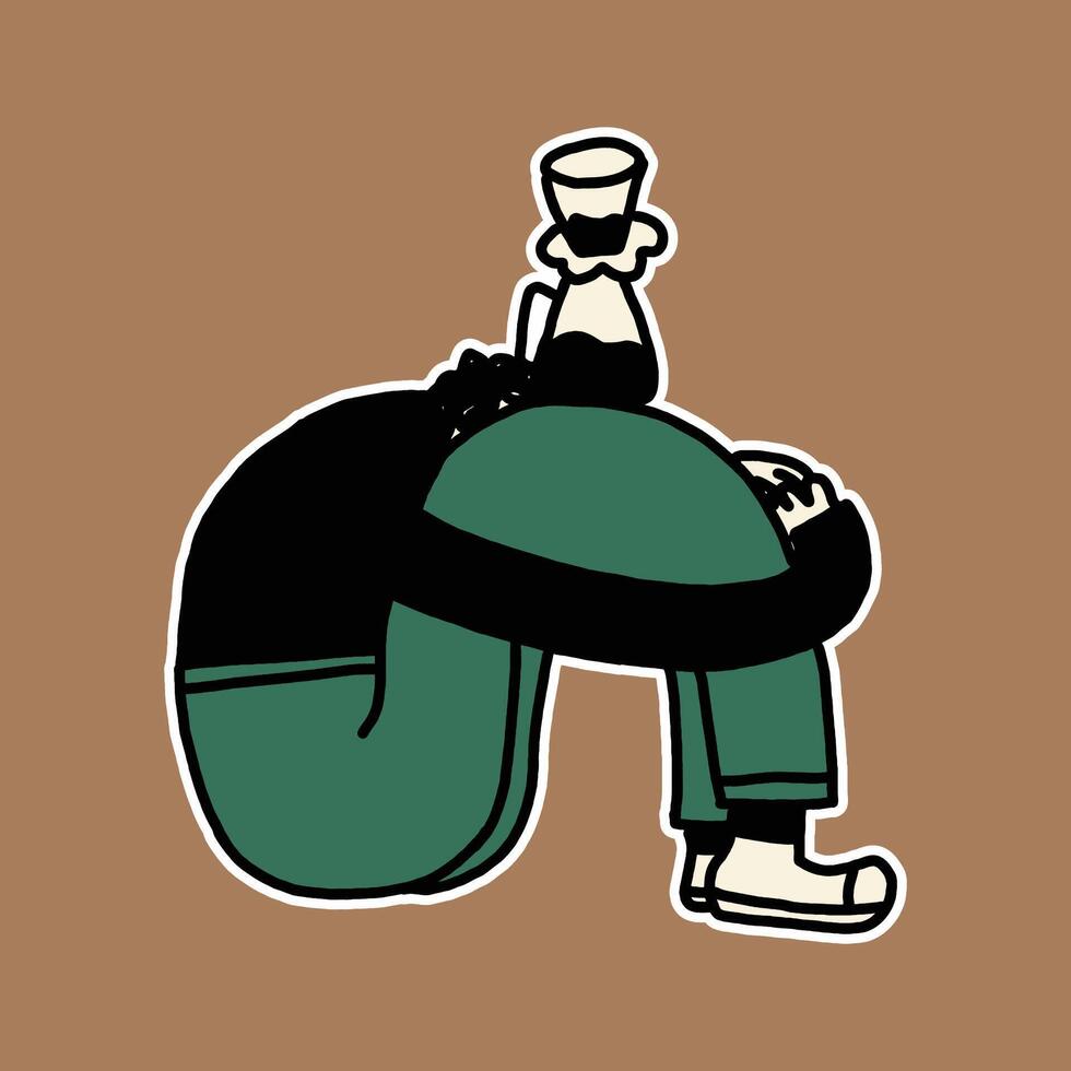 hand drawn cute character person with coffee illustration vector