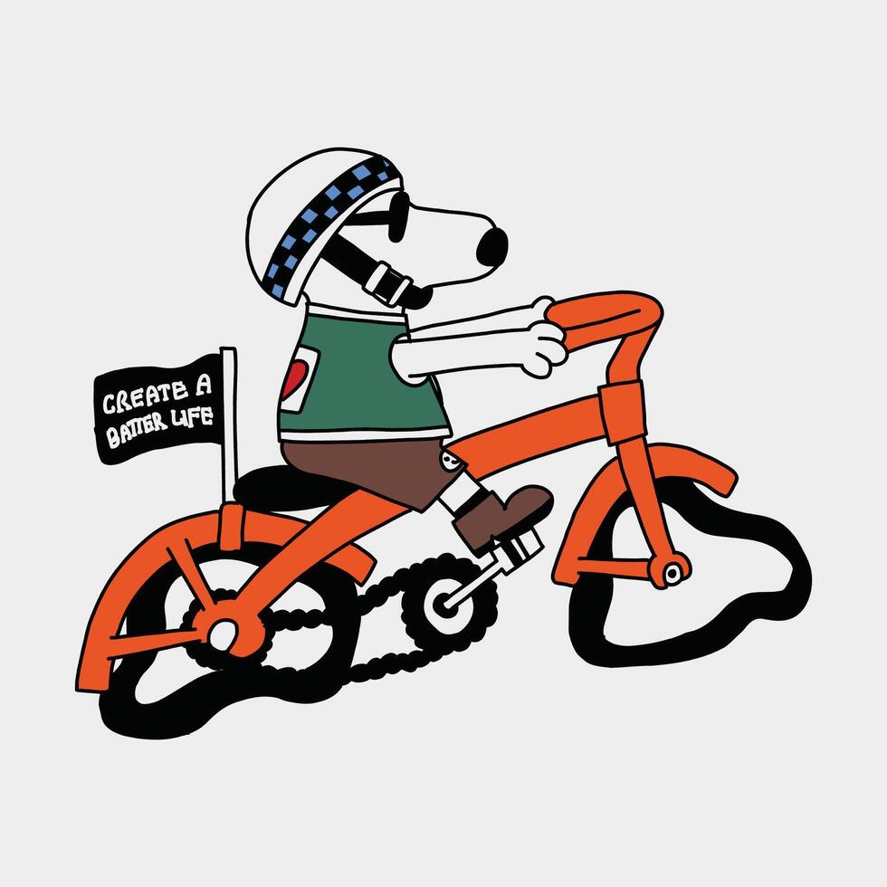 cute groovy illustration of a cycling dog character vector