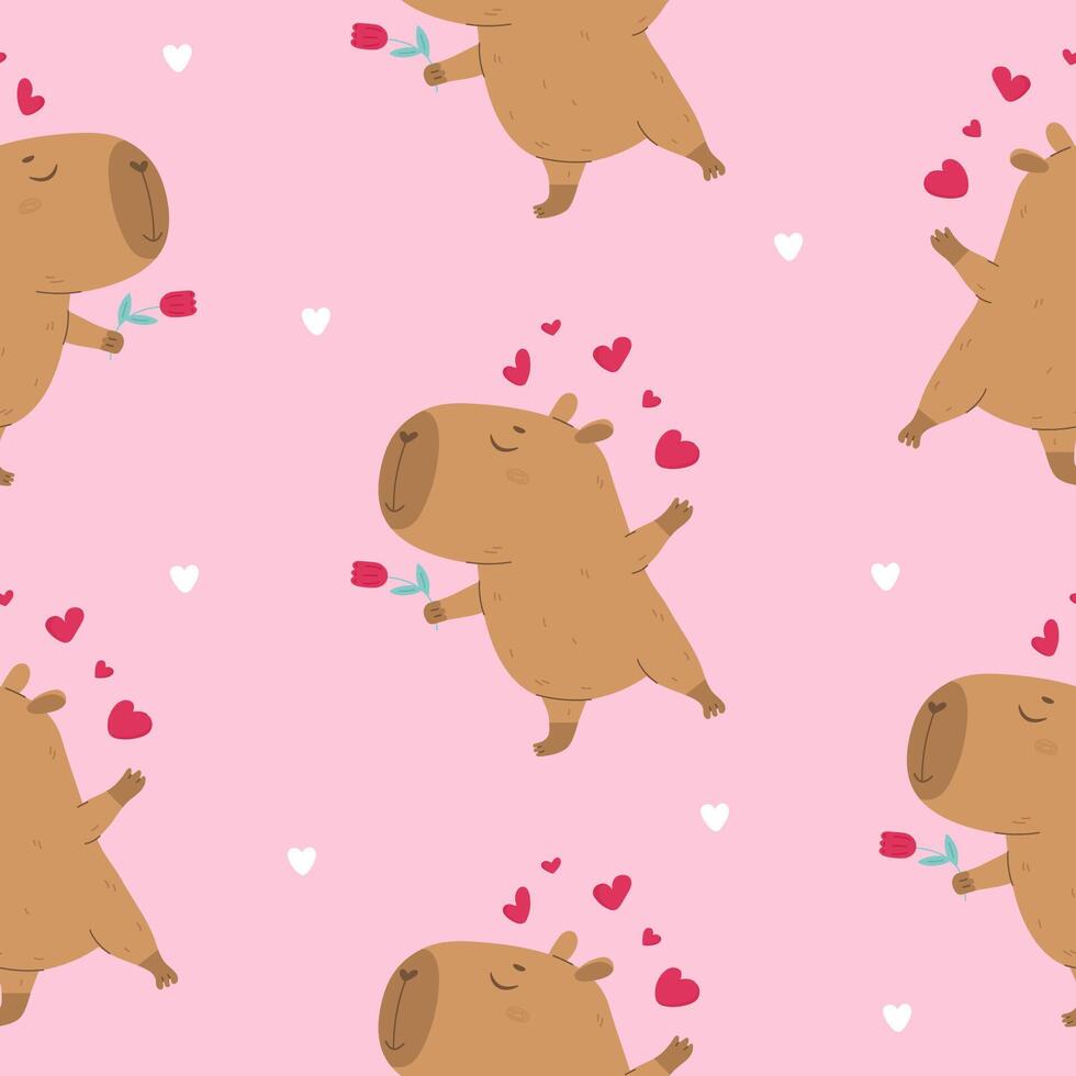 Lovely capybara with flower seamless pattern vector