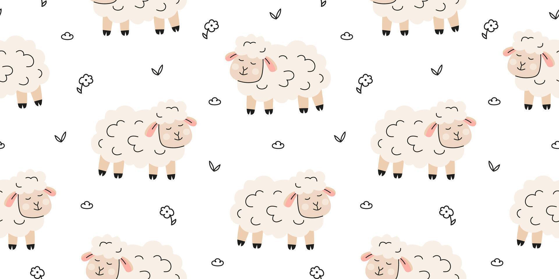 Seamless pattern with sheep and floral elements vector