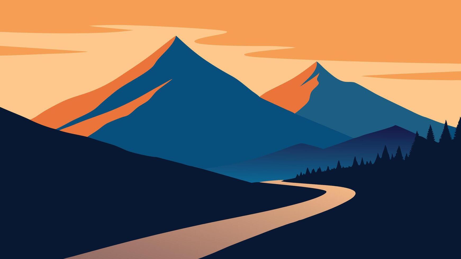 View of a mountain range with a winding road in the foreground, showcasing nature's beauty and tranquility flat illustration. vector
