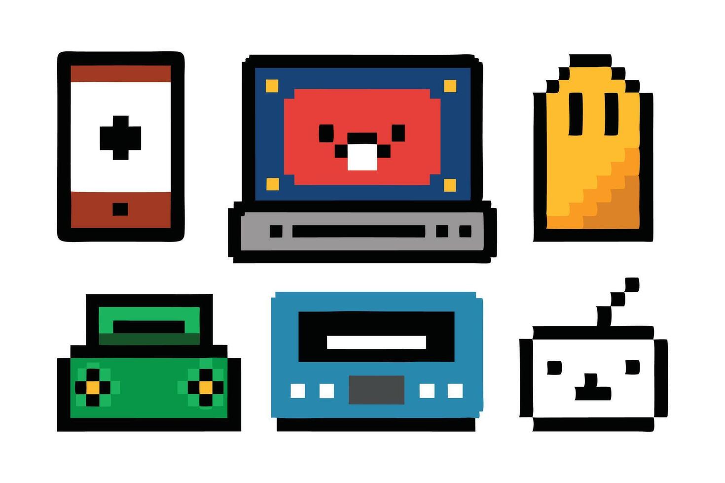 Pixel art of Stickers old school design. game 64 bit sprite. Retro computer, floppy, disk cassette, joystick white background. vector