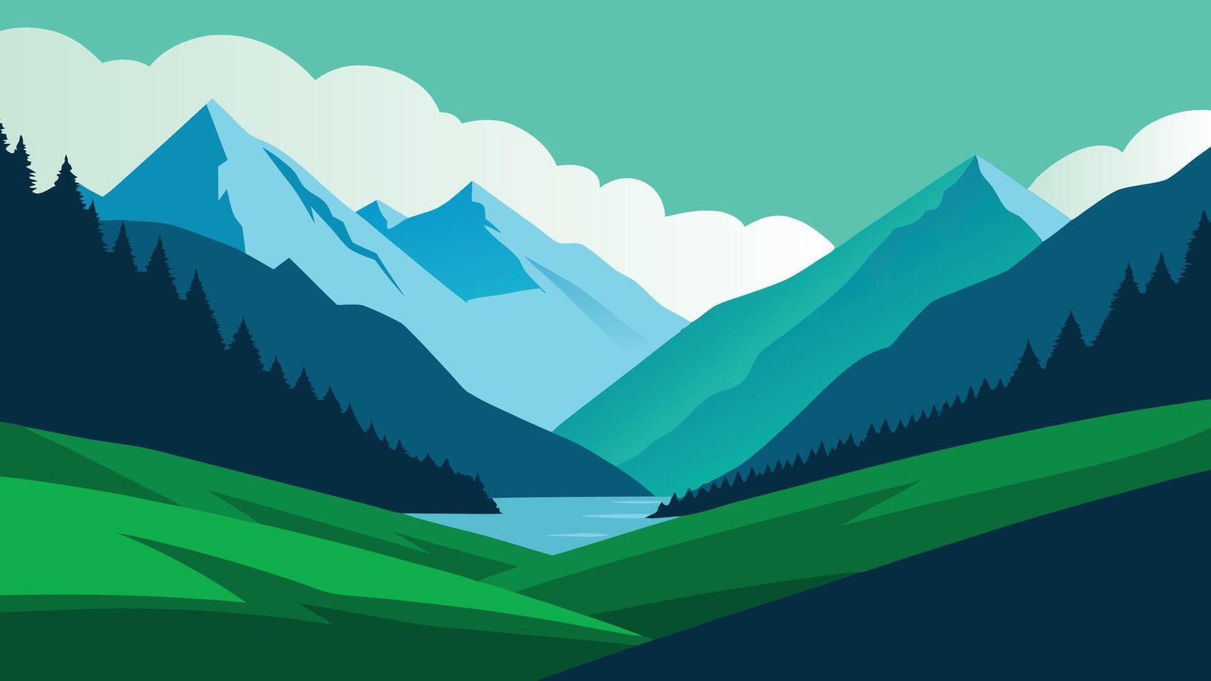 A tranquil mountain valley with a green grassy expanse, framed by towering mountains in the background flat illustration vector