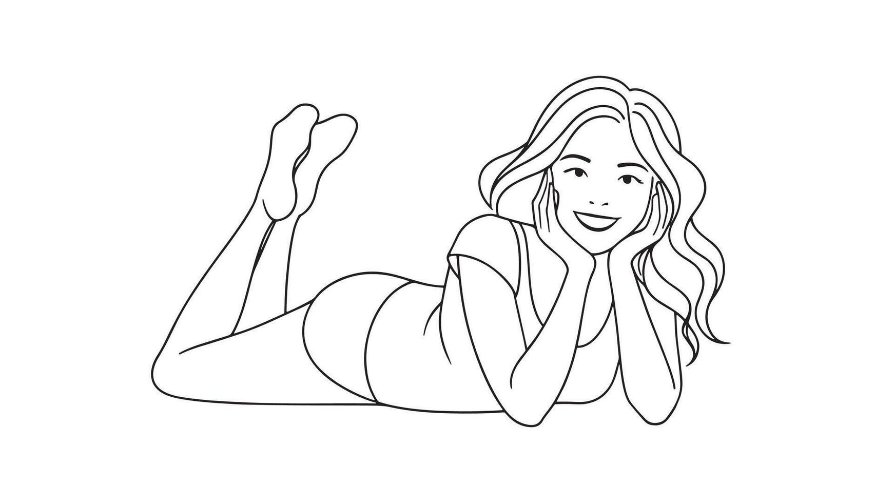 Happy young woman in light summer clothing lying down and smiling continuous line art isolated on white background vector
