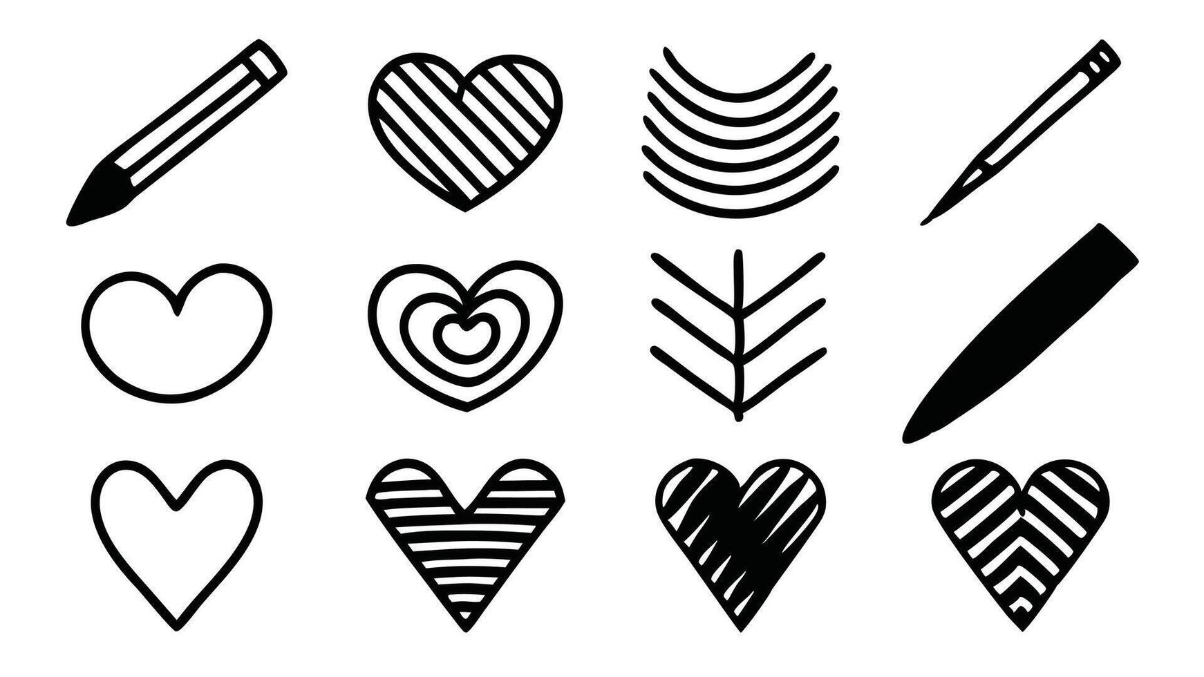 A collection of black and white doodle icons featuring various whimsical designs and playful illustrations set flat on white background vector