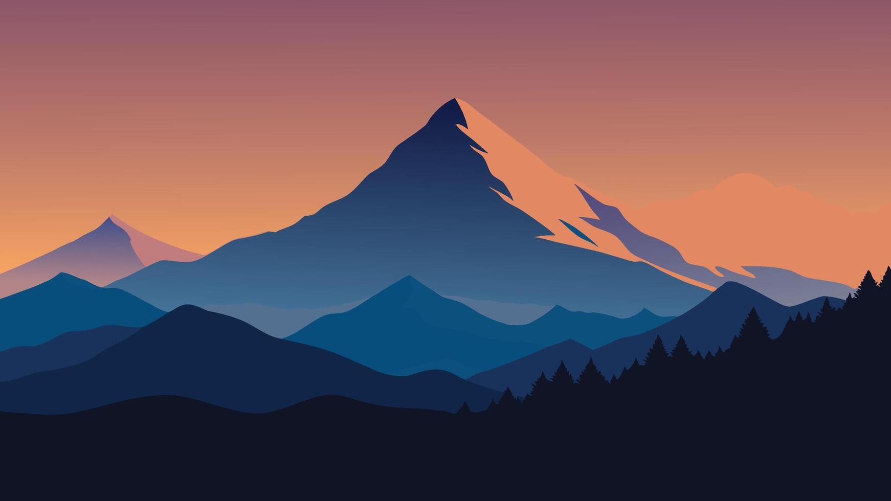 Mountain silhouette under a cloudy sky, creating a serene and atmospheric landscape scene, flat illustration. vector