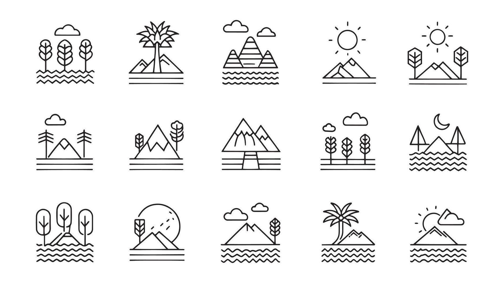 Mountains, trees, and various natural elements in a minimalist design icon set flat illustration on white background. vector