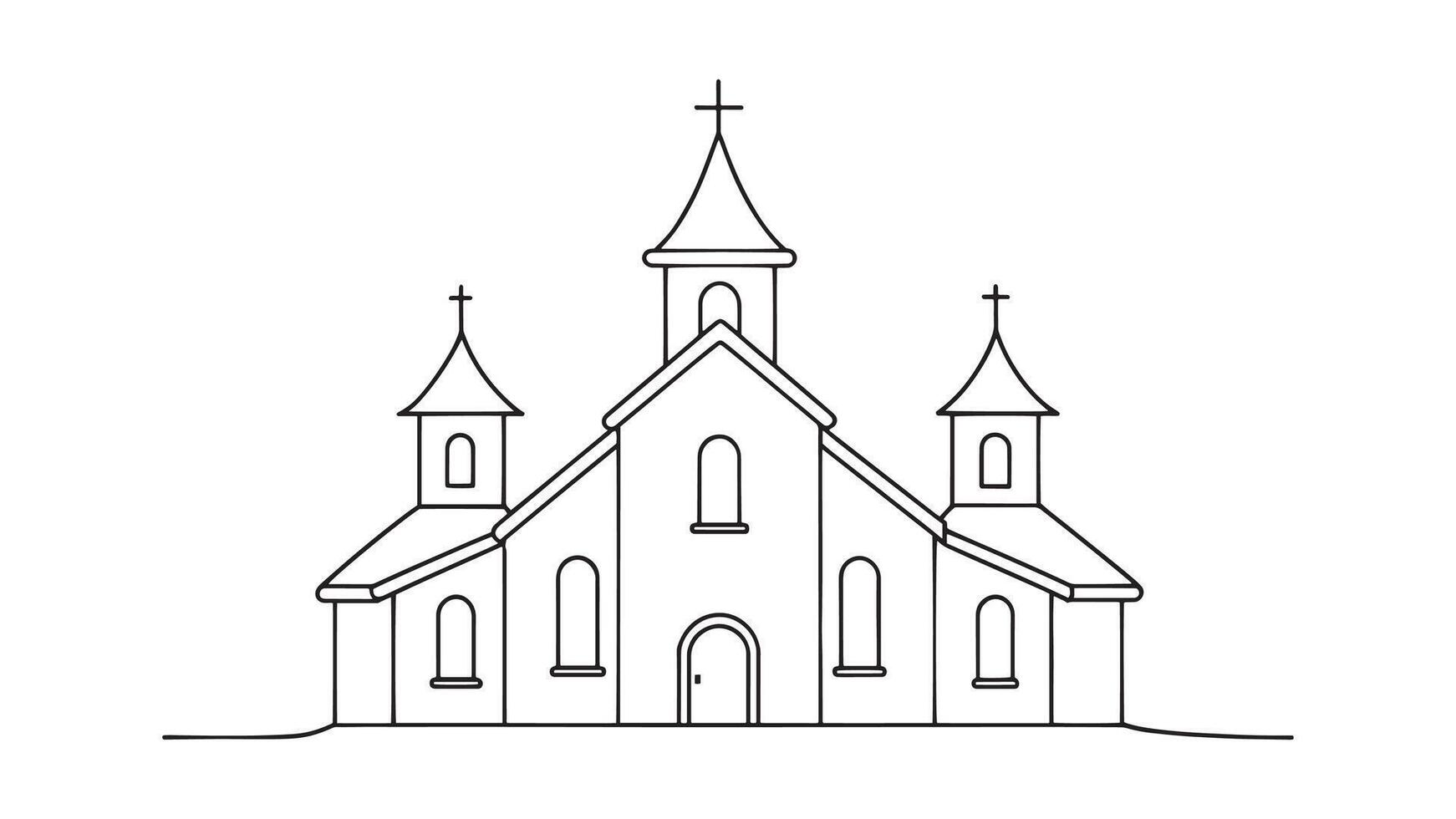 Church continuous line art isolated on white background. vector