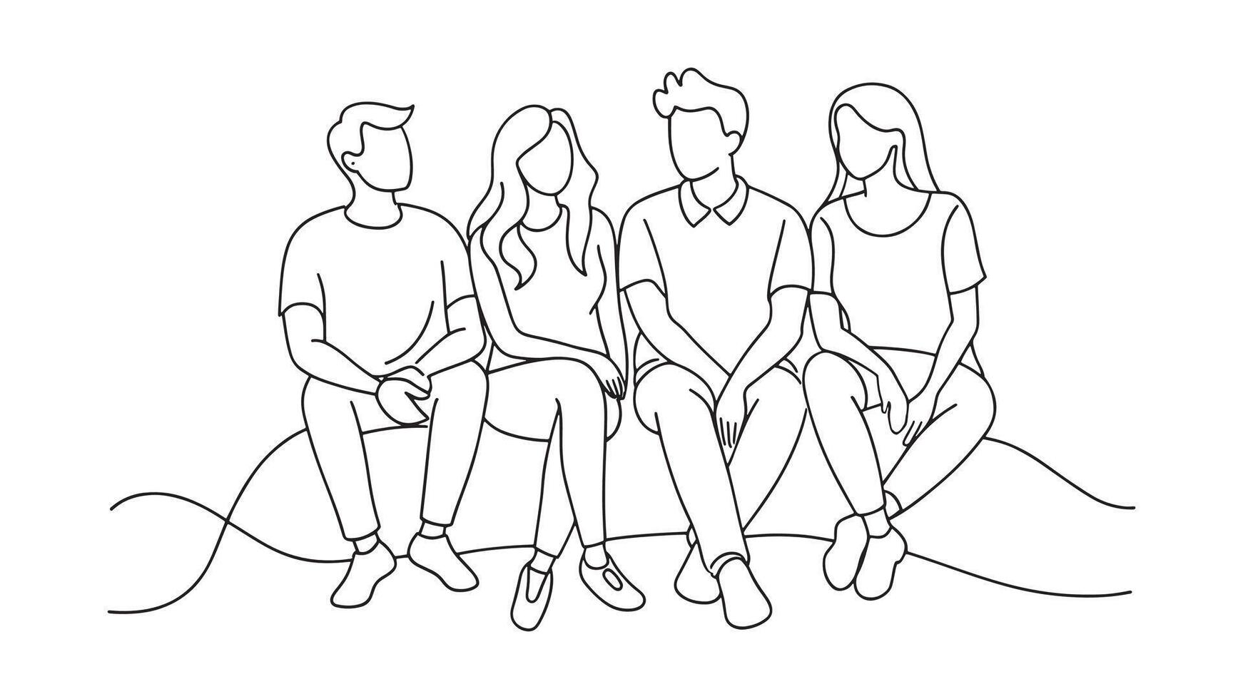 Young people walking together and talking. Group of friends rest and communicate continuous line art isolated on white background vector