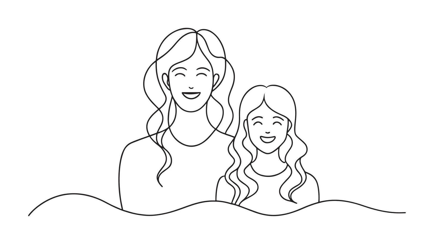 Happy mom with her female child One line continuous line art illustration on white background vector
