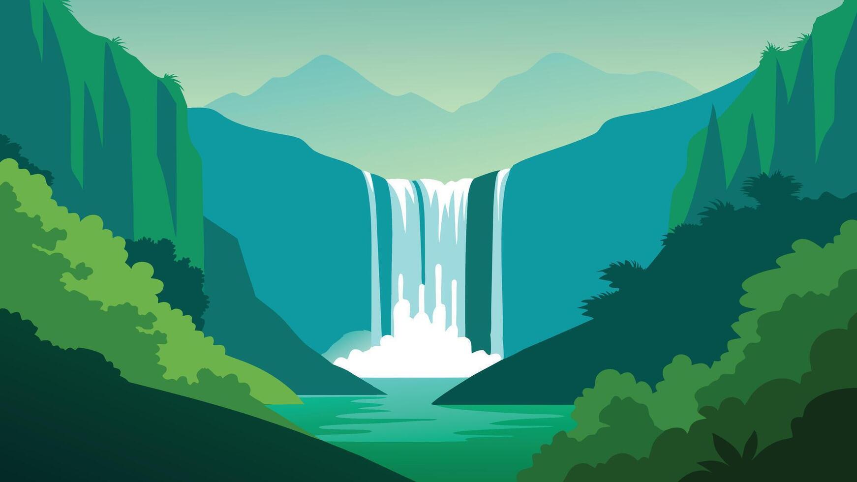Stunning waterfall cascading through lush greenery in Plitvice National Park, Croatia, showcasing nature's beauty, flat illustration. vector