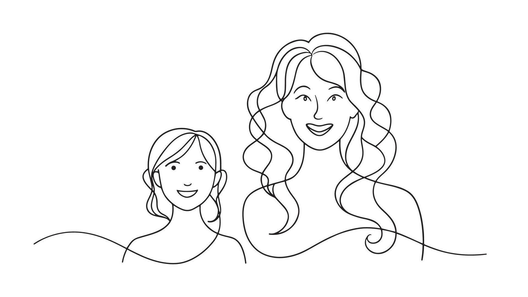 Happy mom with her female child continuous line art isolated on white background. vector
