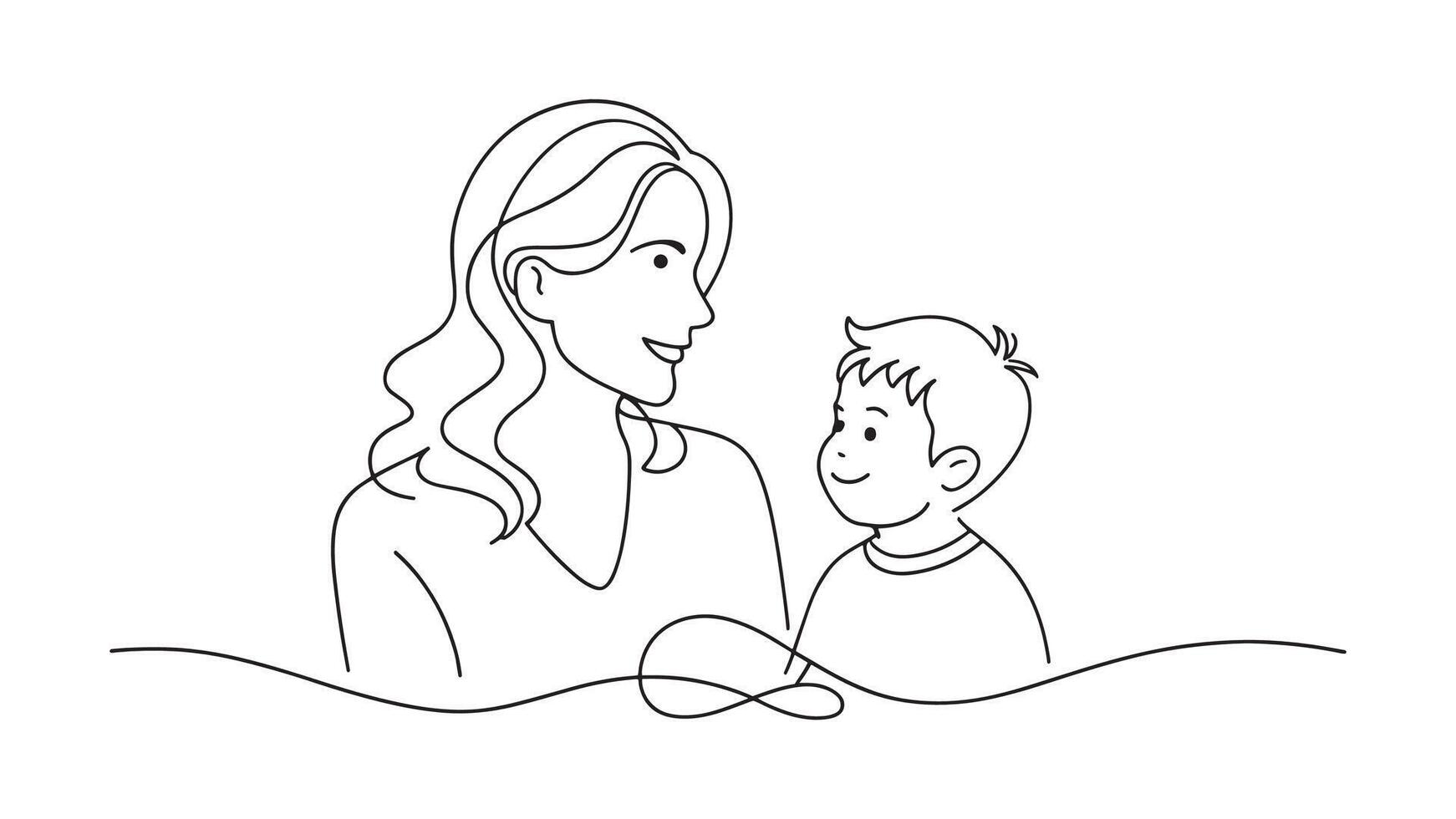 Happy mom with her little son continuous line art isolated on white background vector