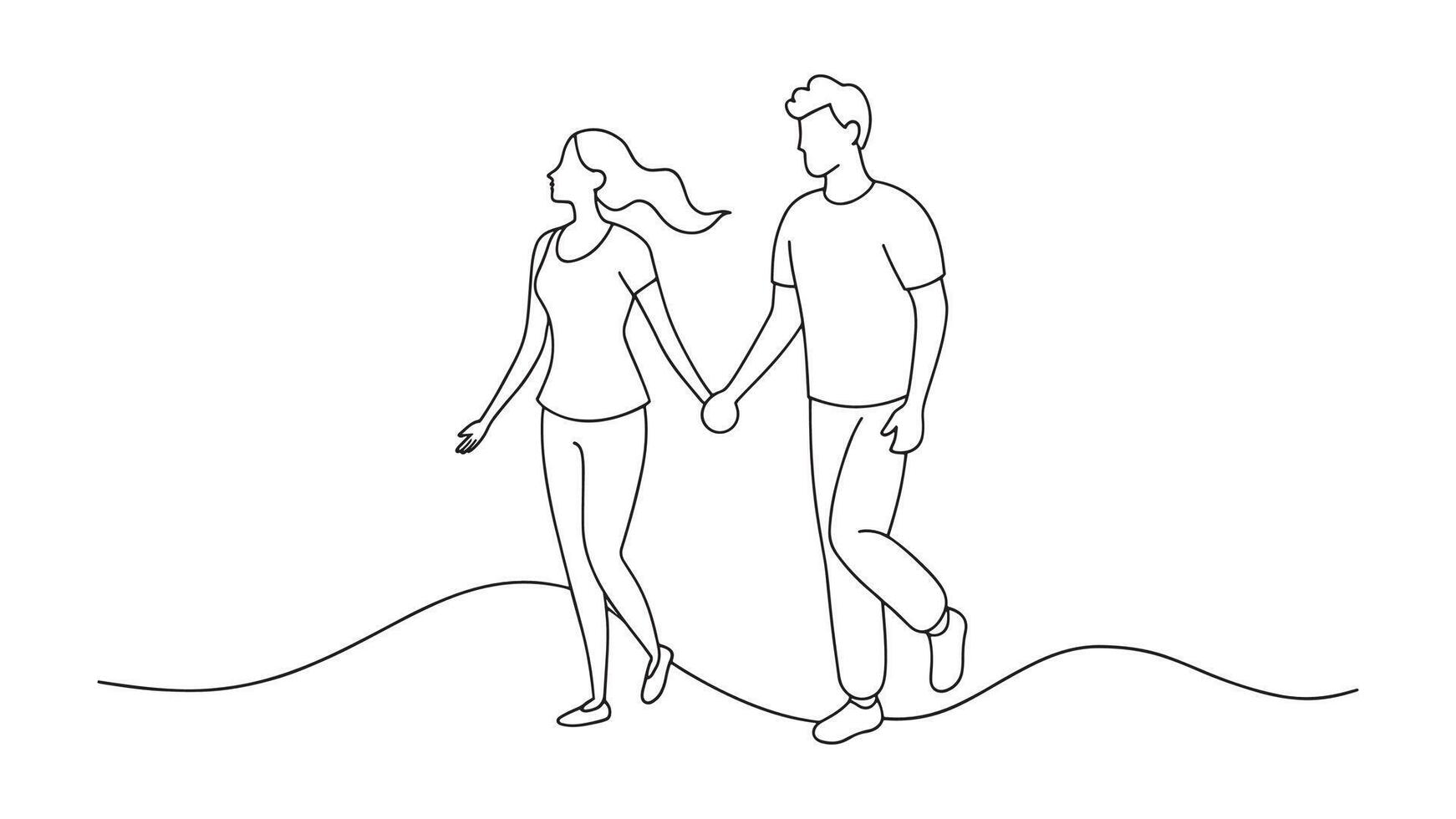 Couple walking together holding hands continuous line art isolated on white background. vector