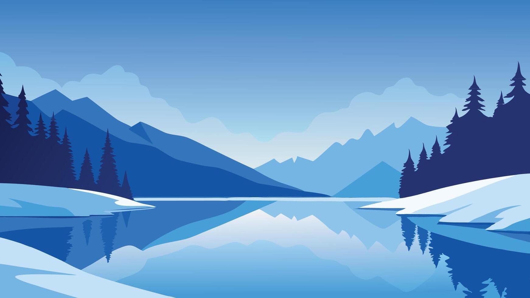 Lake surrounded by trees, with a blanket of snow covering the ground, creating a tranquil winter landscape, Flat illustration vector