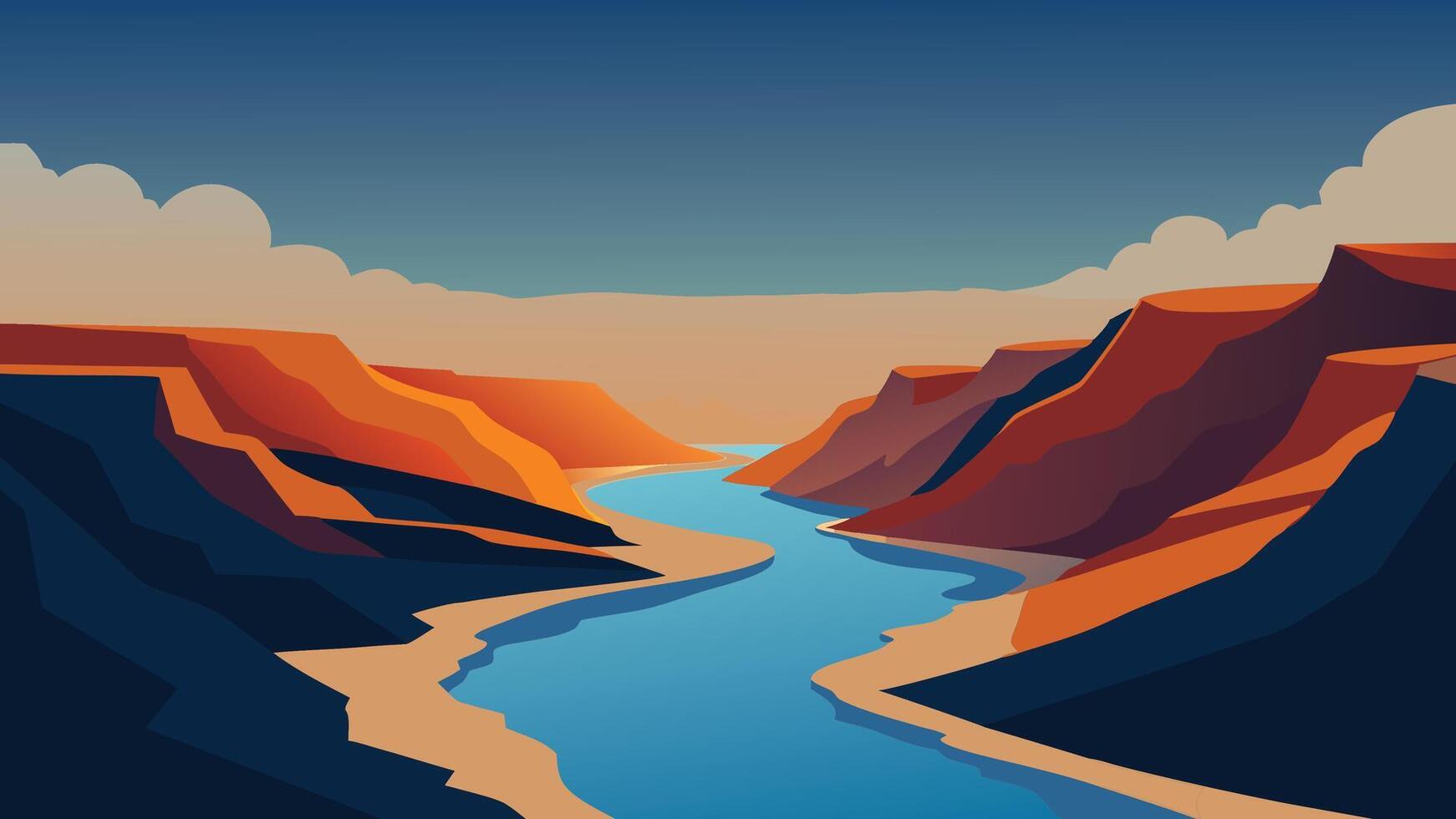River flows through a canyon beneath a cloudy sky, showcasing the natural beauty of the landscape, flat illustration. vector