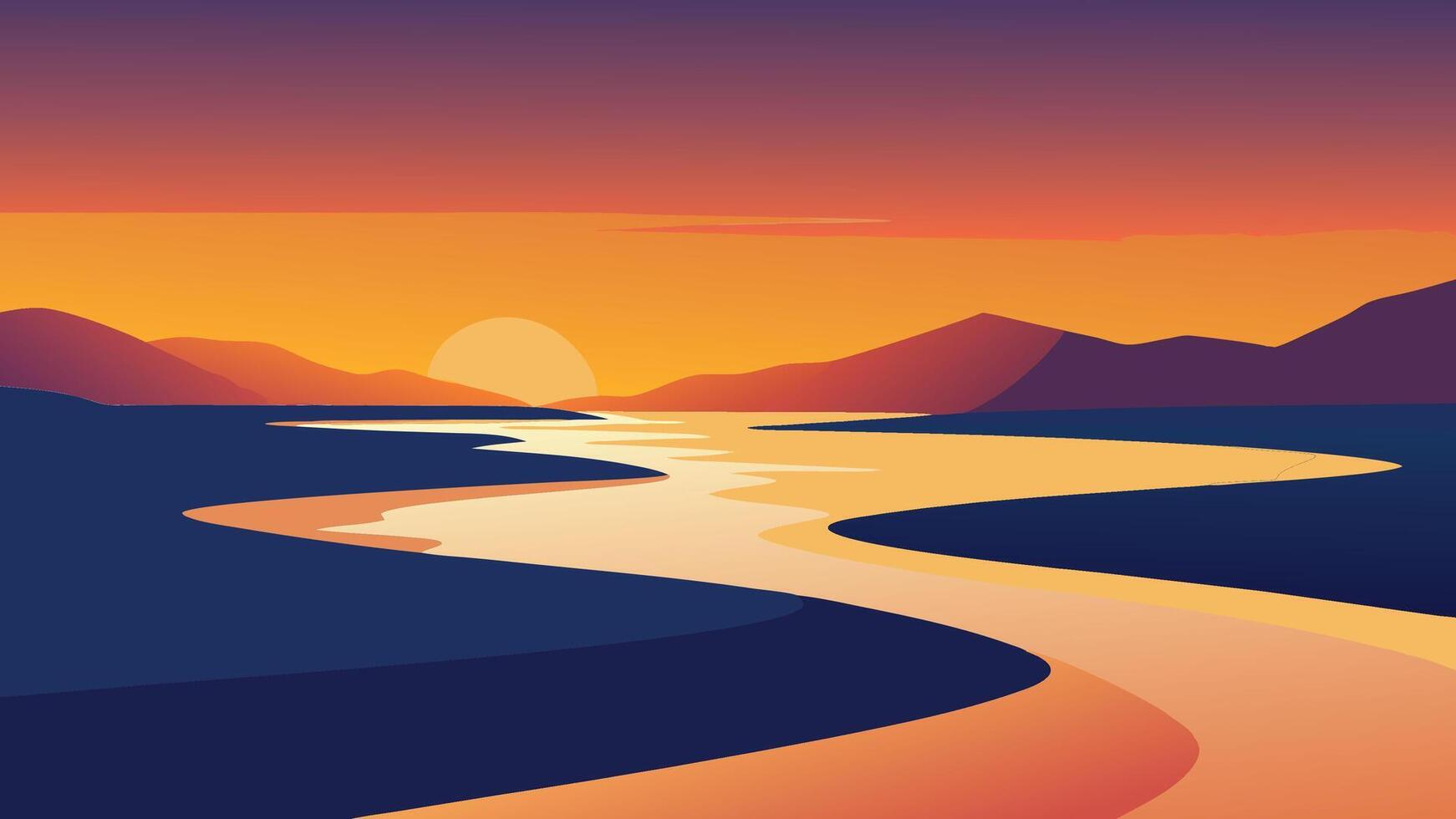 River flows alongside a sandy beach, bathed in the golden light of a sunset, creating a picturesque scene, flat illustration vector