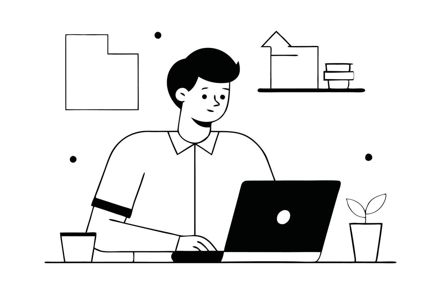 man focused on a laptop analyzing a blueprint showcasing a blend of technology and design in his workspace White background vector