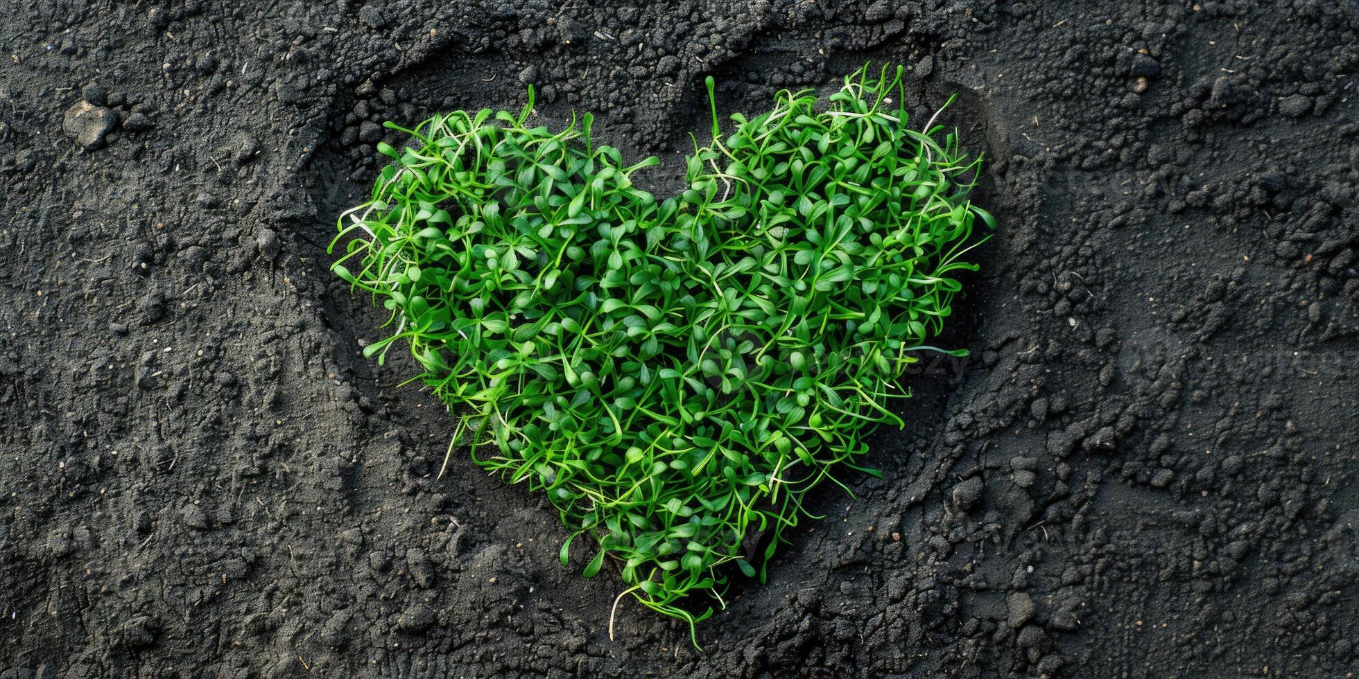 Heart made of grass on a background of ground, top view. Regenerative and sustainable concept photo