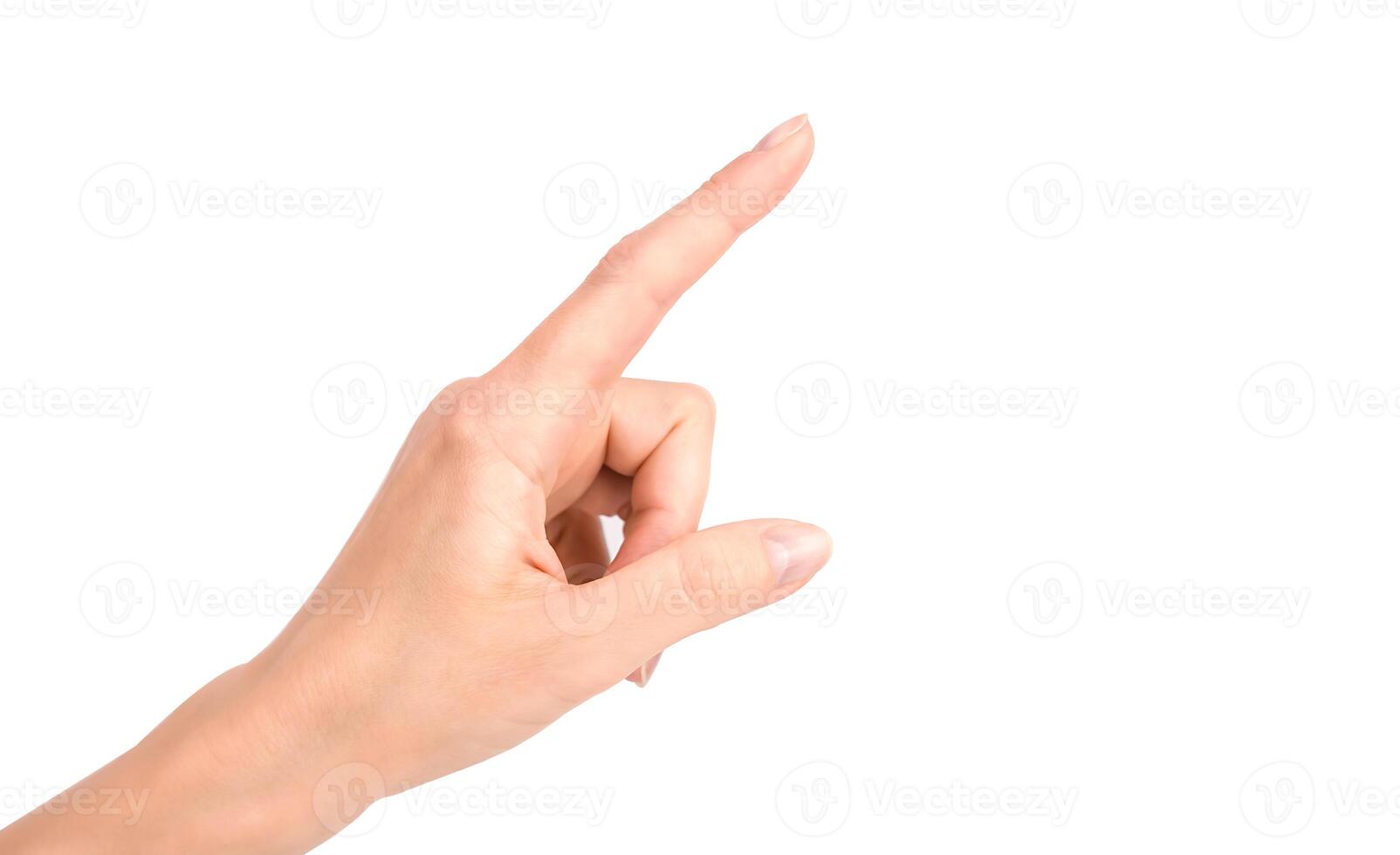 Female hand isolated on a white background. A woman's hand points to something with her index finger. photo