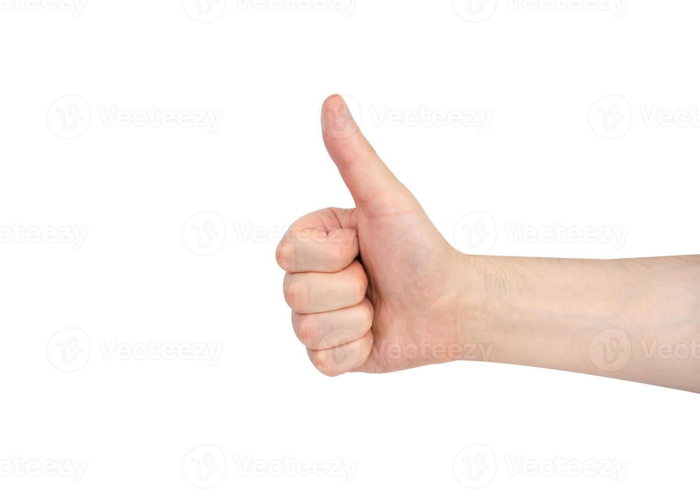 The man's hand showing thumbs up sign isolated on white background. Close-up. photo