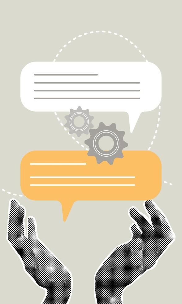 Trendy halftone collage of business concept. illustration of communication, discussion, problem solving, teamwork. Creative concepts for web banner, social media, business presentation vector