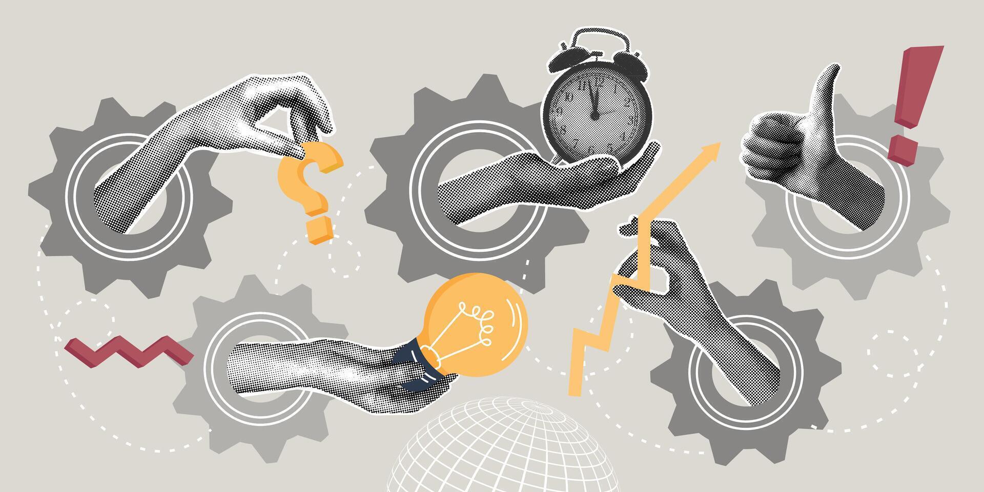 Trendy halftone collage. Working process as a single mechanism, management concept, business development, optimization of the project process and clear guidance for each working position. vector