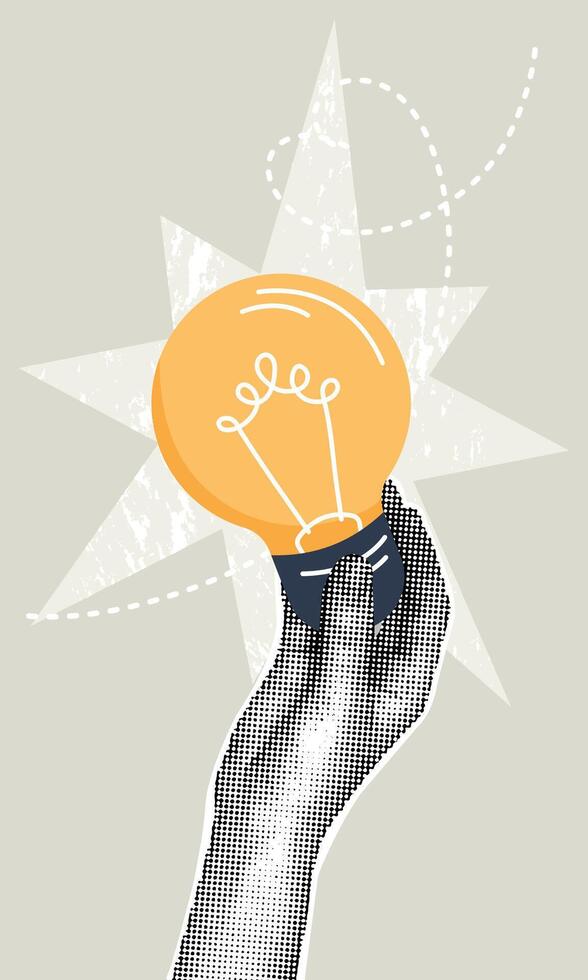 Trendy halftone collage of business concept. illustration of idea, brainstorming, problem solving, teamwork. Creative concepts for web banner, social media, business presentation, marketing. vector