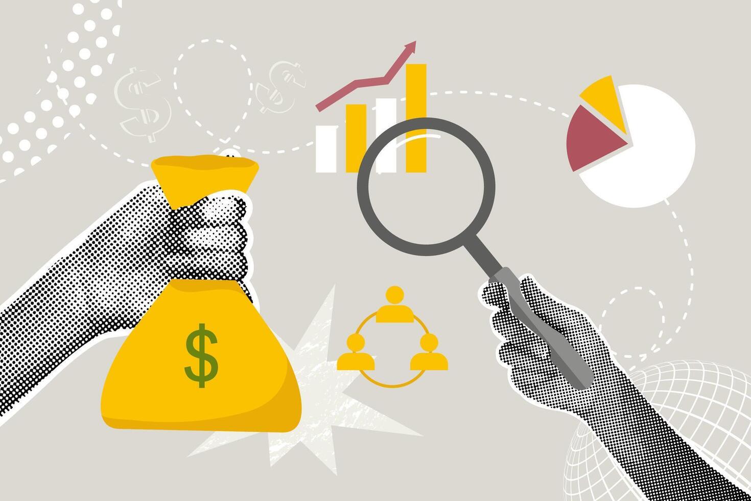 Trendy halftone collage.Concept of analytics, savings, teamwork, profit, business, production growth. Illustration for web banner, social media banner, business presentation vector