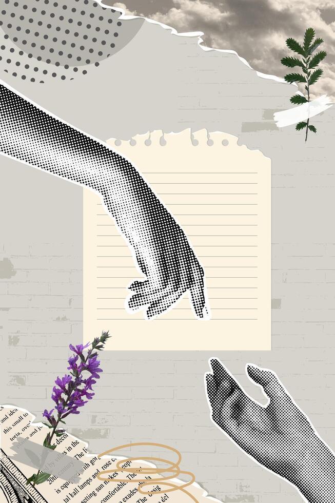 Trendy halftone collage. banner collage of torn paper,flowers and hands. Trendy retro style. Torn paper,hands reaching for each other,retro flower,old paper in grunge style. vector