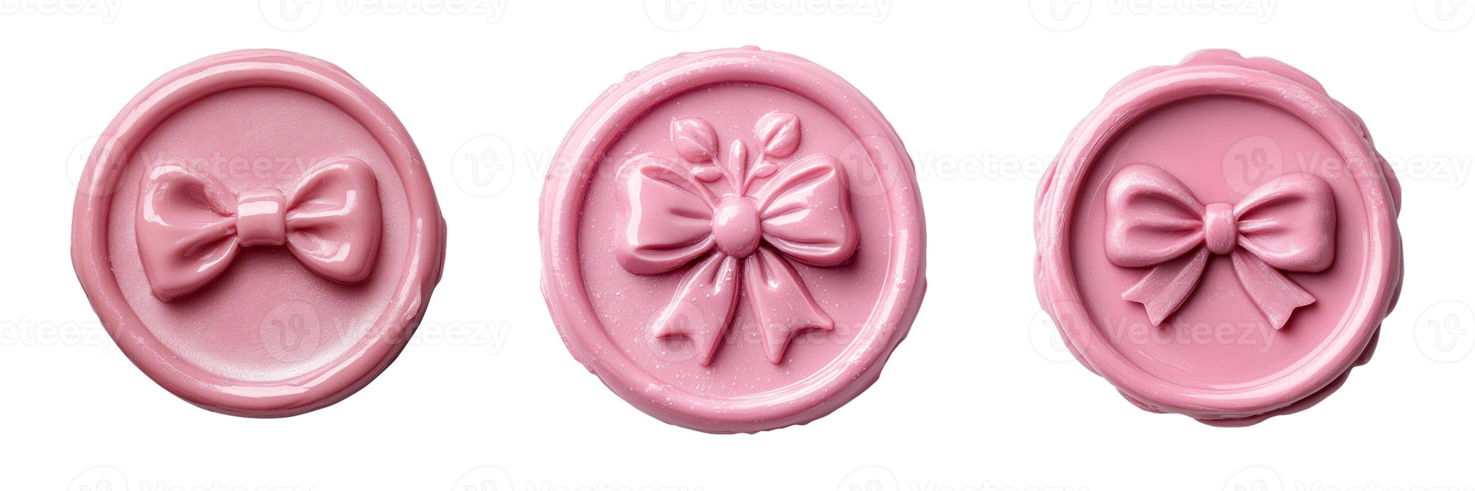 Pink wax seal with a cute bow embossed design, flat lay isolated on a white background, top view photo