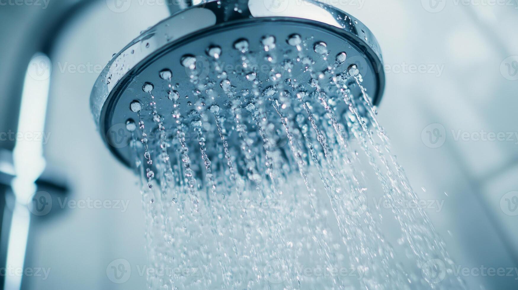 Close-up of a silver shower head with water running, circular tropical shower in the bathroom photo
